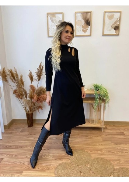 Kadın Uzun Kollu Balıkçı Yaka Omuzda Damla Detaylı Yırtmaçlı Krep Midi Elbise fiyatları