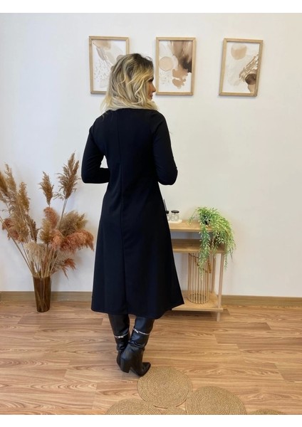 Kadın Uzun Kollu Balıkçı Yaka Omuzda Damla Detaylı Yırtmaçlı Krep Midi Elbise modelleri