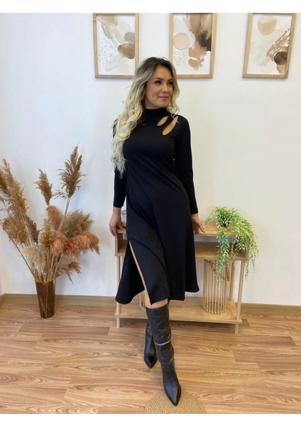 Kadın Uzun Kollu Balıkçı Yaka Omuzda Damla Detaylı Yırtmaçlı Krep Midi Elbise fırsatları