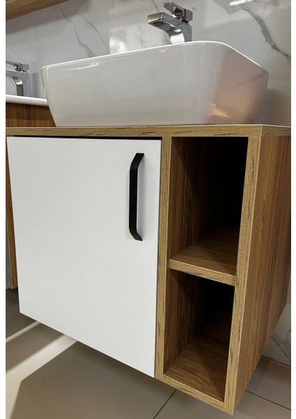 Banyo Dolabı Mdf 65 cm Çanak Lavabolu Kulplu