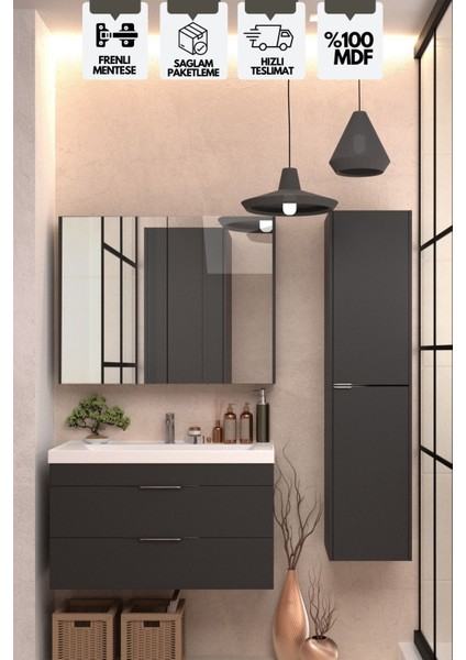 Lotus 80 cm Banyo Dolabı Seti Boy Dolaplı Lavabo Dahil Antrasit Çekmeceli Komple Mdf