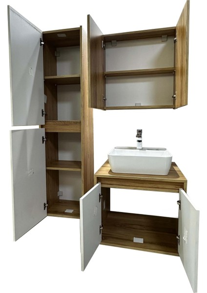 Banyo Dolabı Mdf 65 cm Boy Dolaplı Çanak Lavabolu Kulpsuz