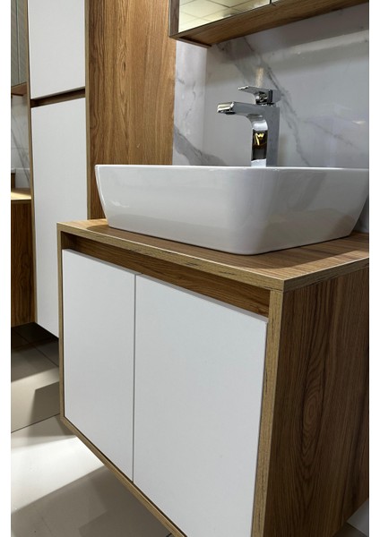 Banyo Dolabı Mdf 65 cm Boy Dolaplı Çanak Lavabolu Kulpsuz