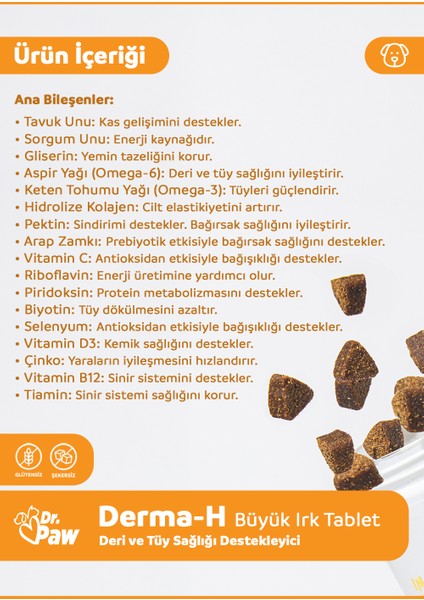 Derma H Plus Büyük Irk Köpekler için Glütensiz ve Şekersiz Tüy ve Cilt Sağlığı Destekleyici Çiğnenebilir Tablet (60 Tablet, 120 gr)