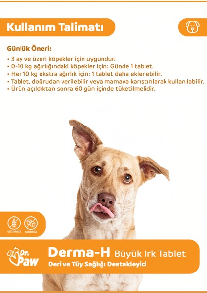 Derma H Plus Büyük Irk Köpekler için Glütensiz ve Şekersiz Tüy ve Cilt Sağlığı Destekleyici Çiğnenebilir Tablet (60 Tablet, 120 gr)