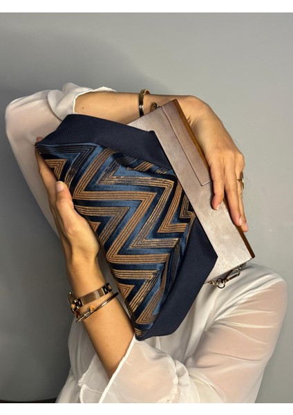 Patchwork, Zincirli, Ahşap Burslu Çanta, Clutch, El Çantası, Kol Çantası, Omuz Çantası