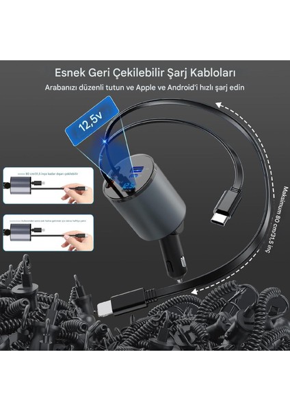 Cepini 120w Geri Çekilebilir Araç Şarj Cihazı, 4'ü 1 Arada, Geri Çekilebilir Kablolar ve 2 Bağlantı Noktası 12V -24V Kamyon Araç Şarj Cihazı