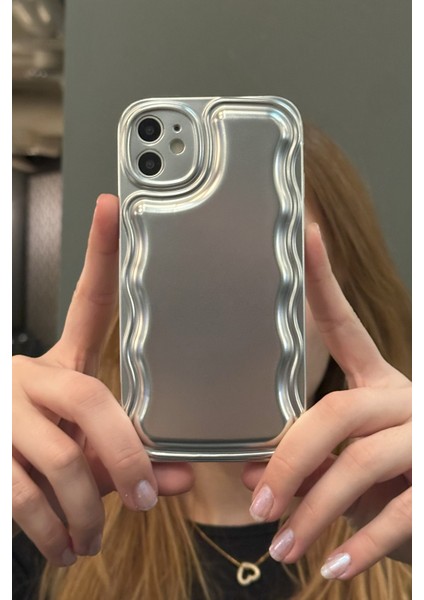 Paladyum Case Apple iPhone 11 Uyumlu Zigzaglı Dalgalı Gümüş Puf Kılıf