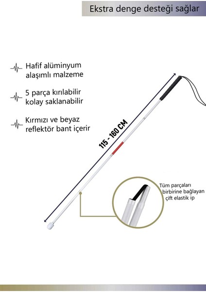 Görme Engelliler Için Beyaz Baston - 125 cm - 5 Parçalı