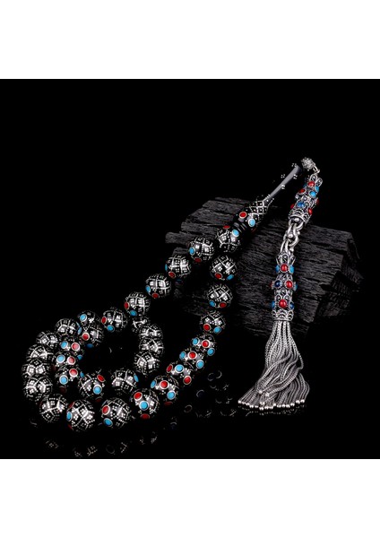 11.mm Gümüş Işleme Bordo Mavi Mineli Usta El Işçiliği Kuka Tesbih