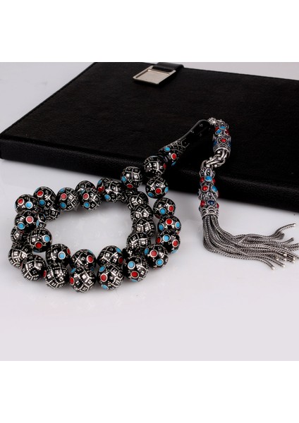 11.mm Gümüş Işleme Bordo Mavi Mineli Usta El Işçiliği Kuka Tesbih fiyatları