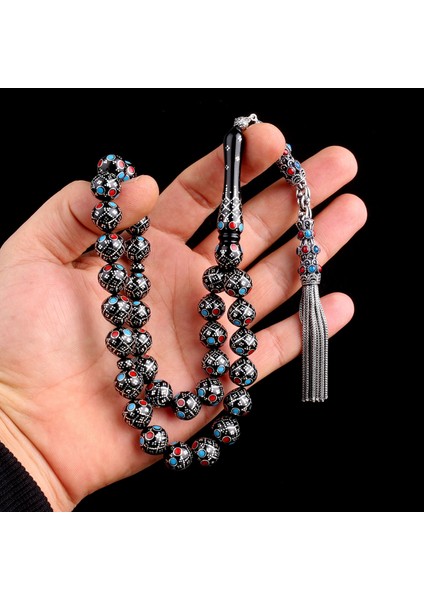 11.mm Gümüş Işleme Bordo Mavi Mineli Usta El Işçiliği Kuka Tesbih modelleri