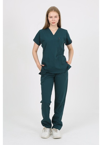 Daisy V Yaka Petrol Yeşili Unisex Uniforma (Likralı) 2xs - Takım - Hayır Isim Yazılmasın