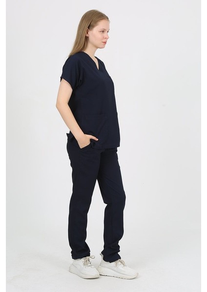 Daisy V Yaka Lacivert Unisex Uniforma (Likralı) L - Takım - Hayır İsim Yazılmasın