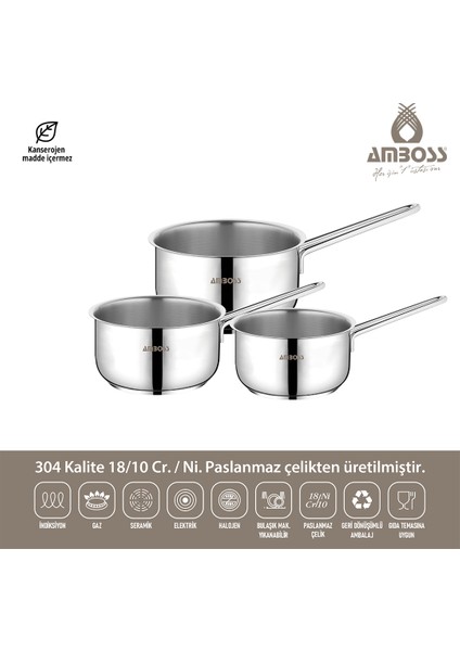 3 Parça Cool Indüksiyon Uyumlu Paslanmaz Çelik Sütlük Sosluk
