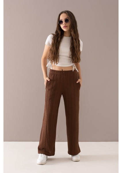 Kahverengi Geniş Paça Desenli Kız Çocuk Pantolon 19788