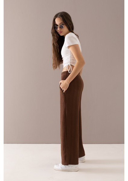 Kahverengi Geniş Paça Desenli Kız Çocuk Pantolon 19788 fiyatları