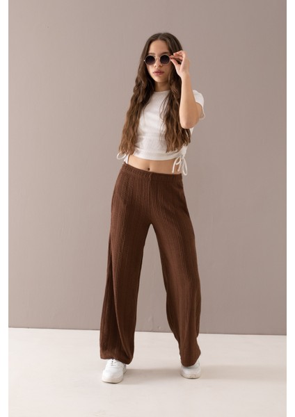 Kahverengi Geniş Paça Desenli Kız Çocuk Pantolon 19788 modelleri