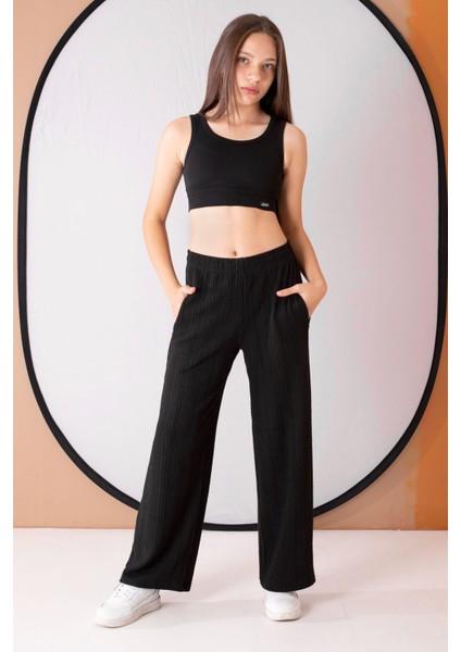 Siyah Geniş Paça Desenli Kız Çocuk Pantolon 19747 fiyatları