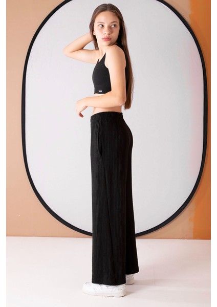 Siyah Geniş Paça Desenli Kız Çocuk Pantolon 19747 indirimleri