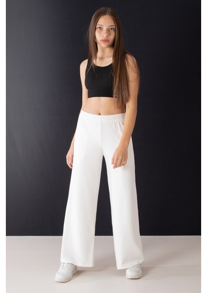 Ekru Geniş Paça Kesim Basic Kız Çocuk Pantolon 19745