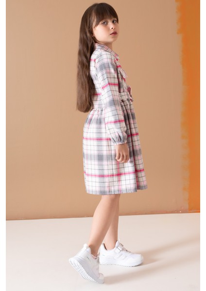 Pembe Çizgi Desenli Kuşaklı Uzun Kol Kız Çocuk Elbise 19687 modelleri