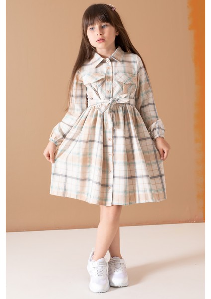 Krem Çizgi Desenli Kuşaklı Uzun Kol Kız Çocuk Elbise 19688