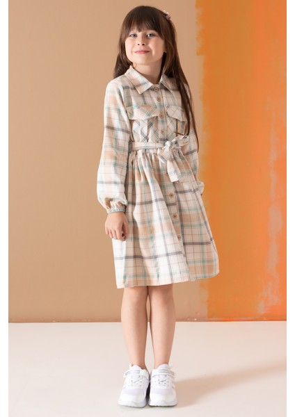 Krem Çizgi Desenli Kuşaklı Uzun Kol Kız Çocuk Elbise 19688 fiyatları
