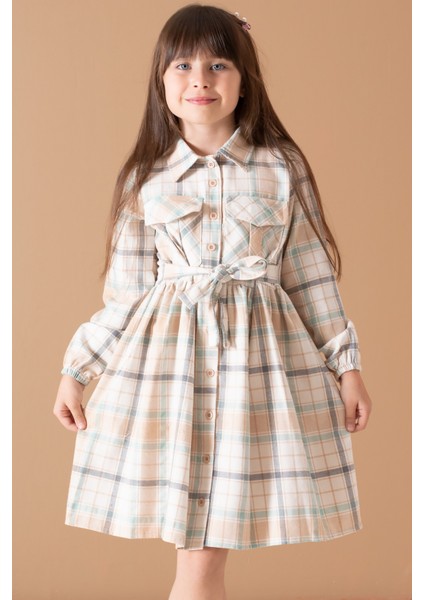 Krem Çizgi Desenli Kuşaklı Uzun Kol Kız Çocuk Elbise 19688 modelleri