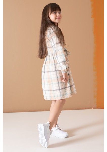 Krem Çizgi Desenli Kuşaklı Uzun Kol Kız Çocuk Elbise 19688 fırsatları