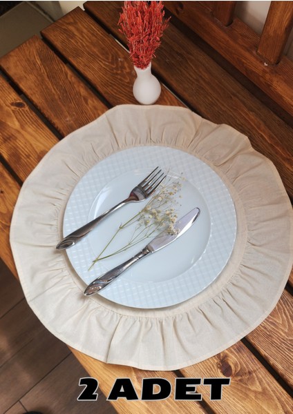 Naturel Keten Yuvarlak Fırfırlı 2 Li Vintage Amerikan Servis Bej 40x40