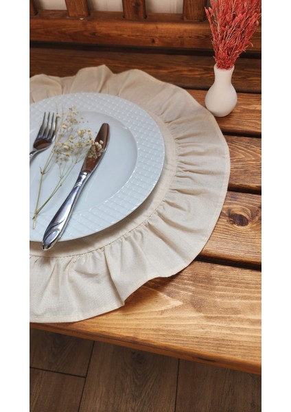 Naturel Keten Yuvarlak Fırfırlı 2 Li Vintage Amerikan Servis Bej 40x40