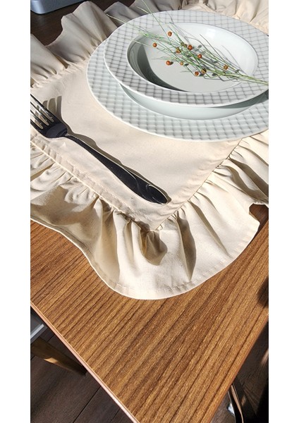 Naturel Keten Fırfırlı 2 Li Vintage Amerikan Servis Bej 40x50
