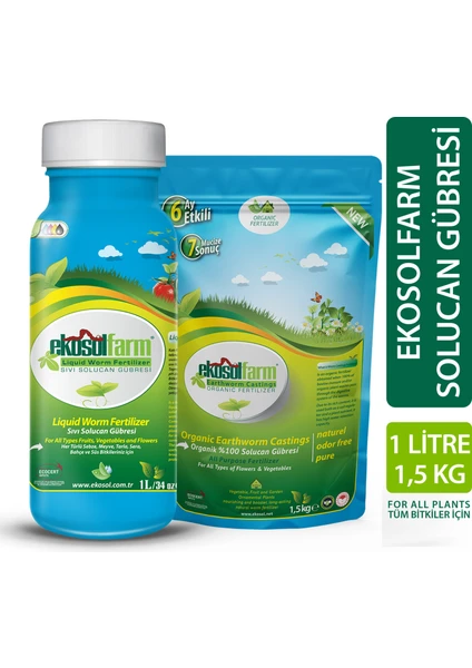 EkosolFarm Sıvı Solucan Gübresi 1 Litre + 1,5 Kg Katı Formda Solucan Gübresi