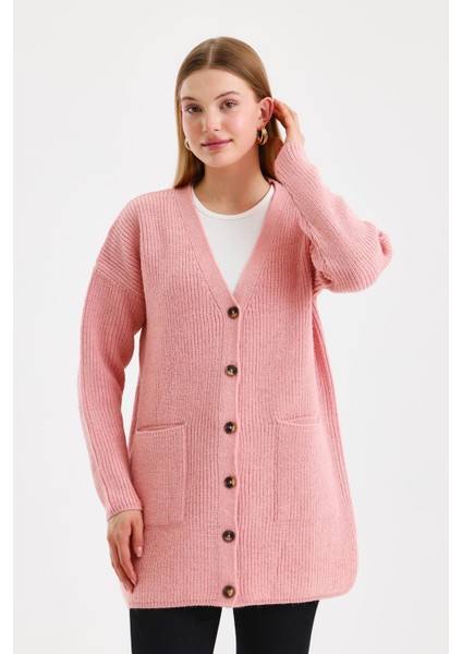 Kadın Düğmeli Oversize Cepli Uzun Pembe Triko Hırka fırsatları