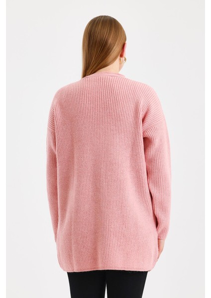 Kadın Düğmeli Oversize Cepli Uzun Pembe Triko Hırka indirimleri