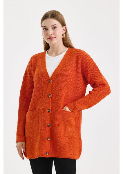 Kadın Düğmeli Oversize Cepli Uzun Turuncu Triko Hırka modelleri