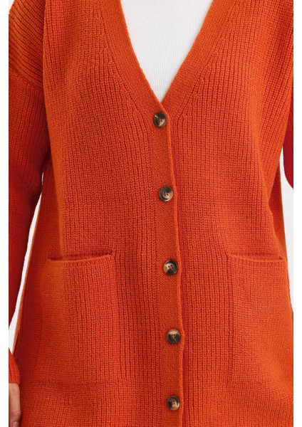 Kadın Düğmeli Oversize Cepli Uzun Turuncu Triko Hırka fırsatları