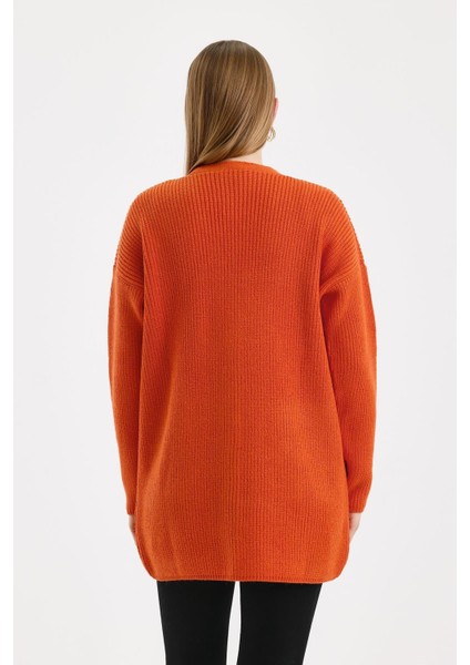 Kadın Düğmeli Oversize Cepli Uzun Turuncu Triko Hırka indirimleri