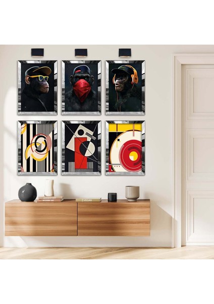 MAYMUN VE SOYUT DESEN 6'LI PLEKSİ KENAR MDF TABLO SETİ