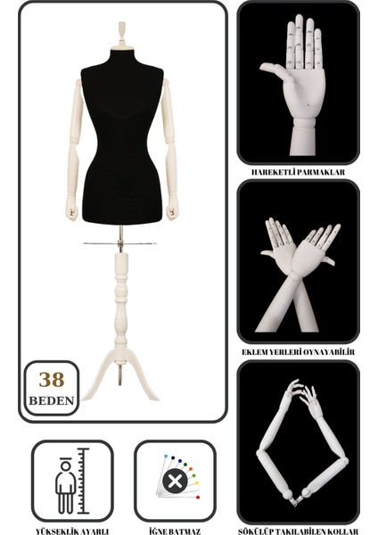 Ahşap Kukla Kollu Bayan Terzi Mankeni