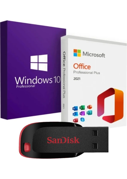 Windows 10 + Office 2021 Pro Plus Kurulum Dosyalı - Yazılım Etkinleştirme Anahtarı İçeren USB Bellek 16GB