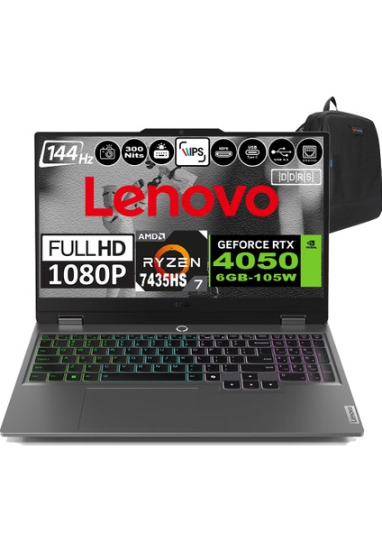 Loq 15ARP9 Amd Ryzen 7 7435HS Ddr5 64GB 1tb SSD RTX4050-6GB 300NITS 15.6" 144Hz Fhd Windows 11 Pro Taşınabilir Bilgisayar 83JC00CRTRP10 + Zetta Çanta