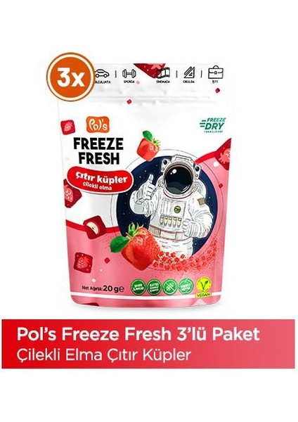 Pol’s Freeze Fresh Çıtır Küp Çilekli Elma 20 g x 3 Adet Freeze Dry Dondurularak Kurutulmuş Meyve