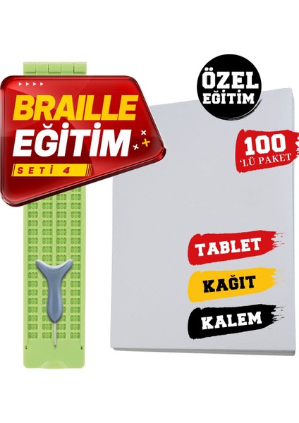 Braille Eğitim Seti 4 100'LÜ (4 Satırlı Braille Tablet, Braille Kalem, 100'LÜ Braille Yazı Kağıdı)