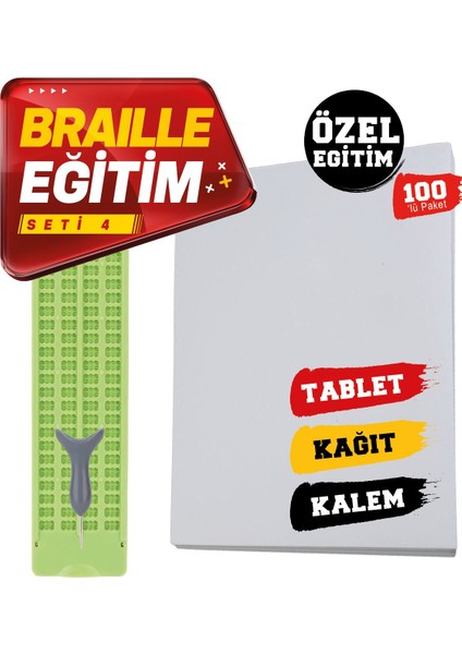 Braille Eğitim Seti 4 100'LÜ (4 Satırlı Braille Tablet, Braille Kalem, 100'LÜ Braille Yazı Kağıdı)