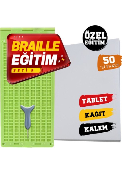 Braille Eğitim Seti 9 (50'li) (9 Satırlı Braille Tablet, Braille Kalem, 50'li Braille Yazı Kağıdı)