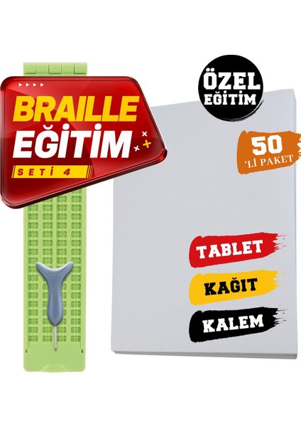 Braille Eğitim Seti 4 (50'li) (4 Satırlı Braille Tablet, Braille Kalem, 50'li Braille Yazı Kağıdı)