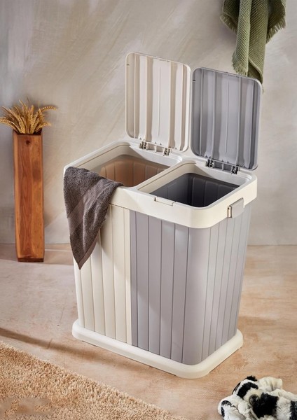 Büyük Boy Çift Hazneli Çamaşır Sepeti - 2'li Çok Amaçlı Kutu, Çöp Kovası - 80 Litre - Ekru-Gri