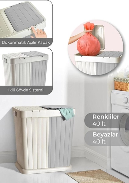 Büyük Boy Çift Hazneli Çamaşır Sepeti - 2'li Çok Amaçlı Kutu, Çöp Kovası - 80 Litre - Ekru-Gri